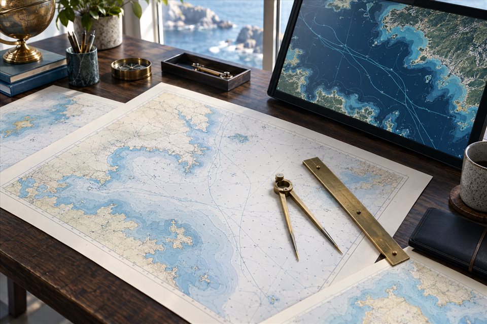 海图航迹测绘工作台,纸质地图、铜制绘图工具与电子屏幕